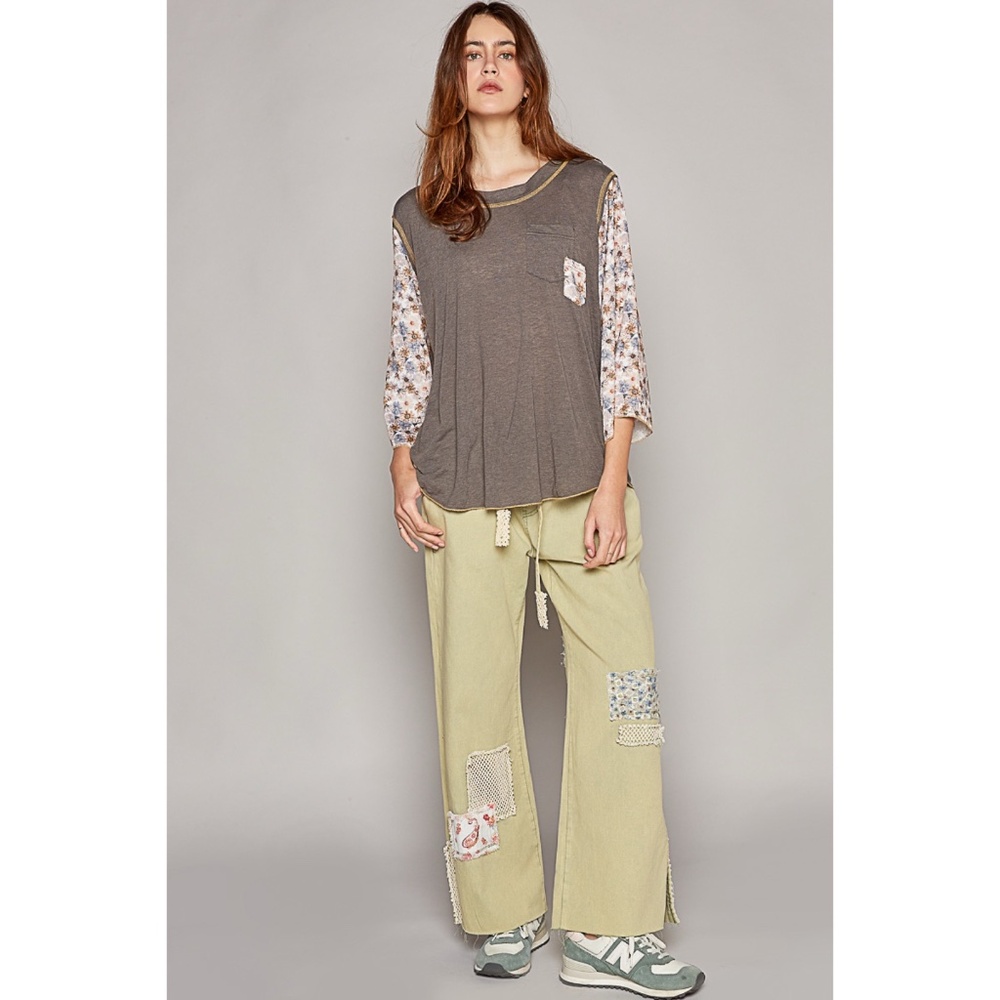 POL Charcoal Slub Knit Scoop Neck Top with Floral Sleeves - Picture 6 of 6